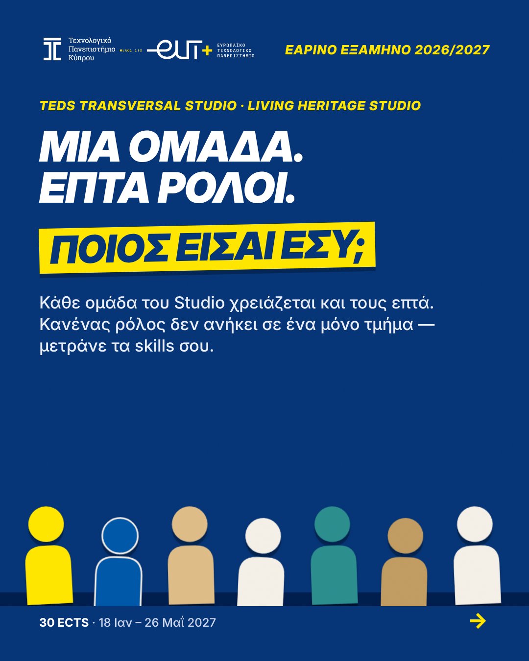 Μία ομάδα, επτά ρόλοι: ποιος είσαι εσύ; Επτά χάρτινες φιγούρες σε σειρά.